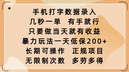 手机打字数据录入，几秒一单，有手就行，只要做当天就有收益，暴力玩法一天低保2张-云慧网创
