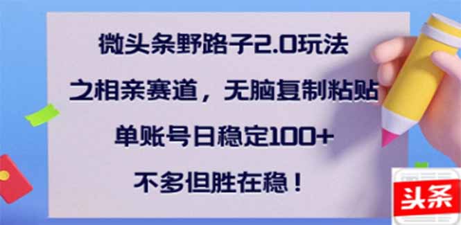 微头条野路子2.0玩法之相亲赛道，无脑搬砖复制粘贴，单账号日稳定300+…-云慧网创