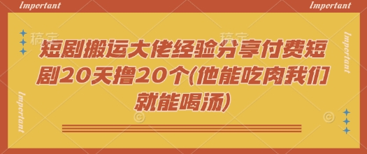 短剧搬运大佬经验分享付费短剧20天撸20个(他能吃肉我们就能喝汤)-云慧网创
