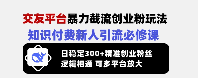 交友平台暴力截流创业粉玩法，知识付费新人引流必修课，日稳定300+精准创业粉丝，逻辑相通可多平台放大-云慧网创