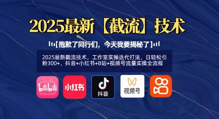 2025最新截流技术，工作室实操迭代打法，日轻松引粉300+，抖音+小红书+B站+视频号流量实操全流程-云慧网创