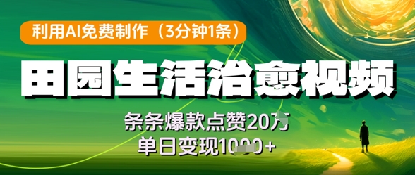 利用AI免费制作田园生活治愈视频，条条爆款点赞20W，单日变现几张-云慧网创