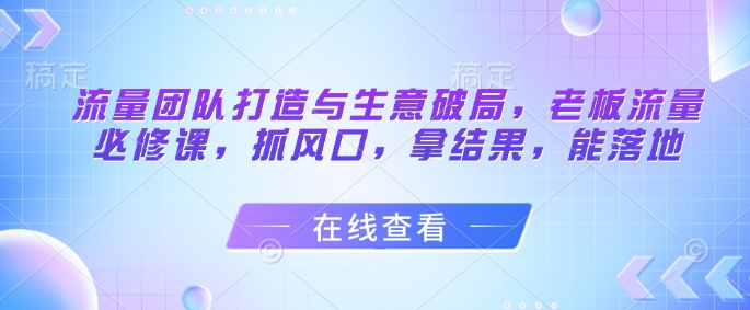 流量团队打造与生意破局，老板流量必修课，抓风口，拿结果，能落地-云慧网创