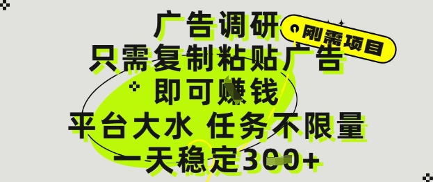 广告调研项目，只需复制粘贴广告即可挣钱，平台大水，任务不限量，一天3张【揭秘】-云慧网创