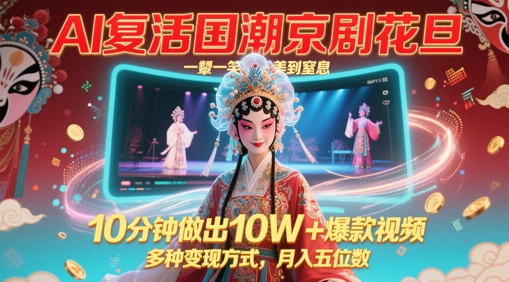 AI复活国潮京剧花旦，一颦一笑美到窒息，10分钟做出10W+爆款视频，多种变现方式，月入五位数-云慧网创