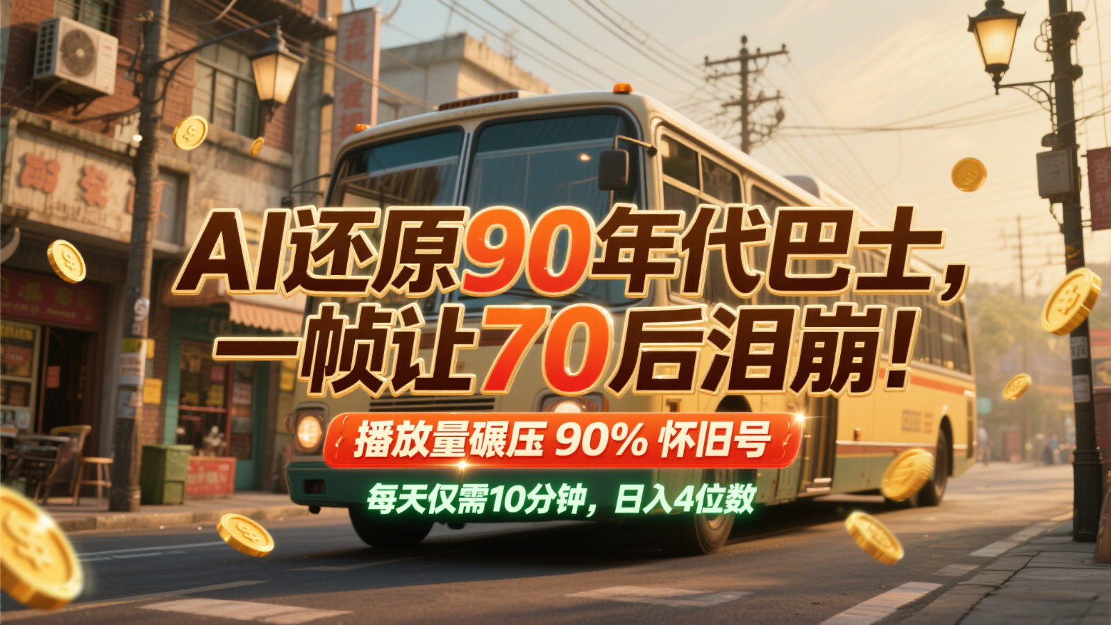 AI还原90年代巴士，一帧让70后泪崩！播放量碾压90%怀旧号，每天10分钟，日入4位数-云慧网创