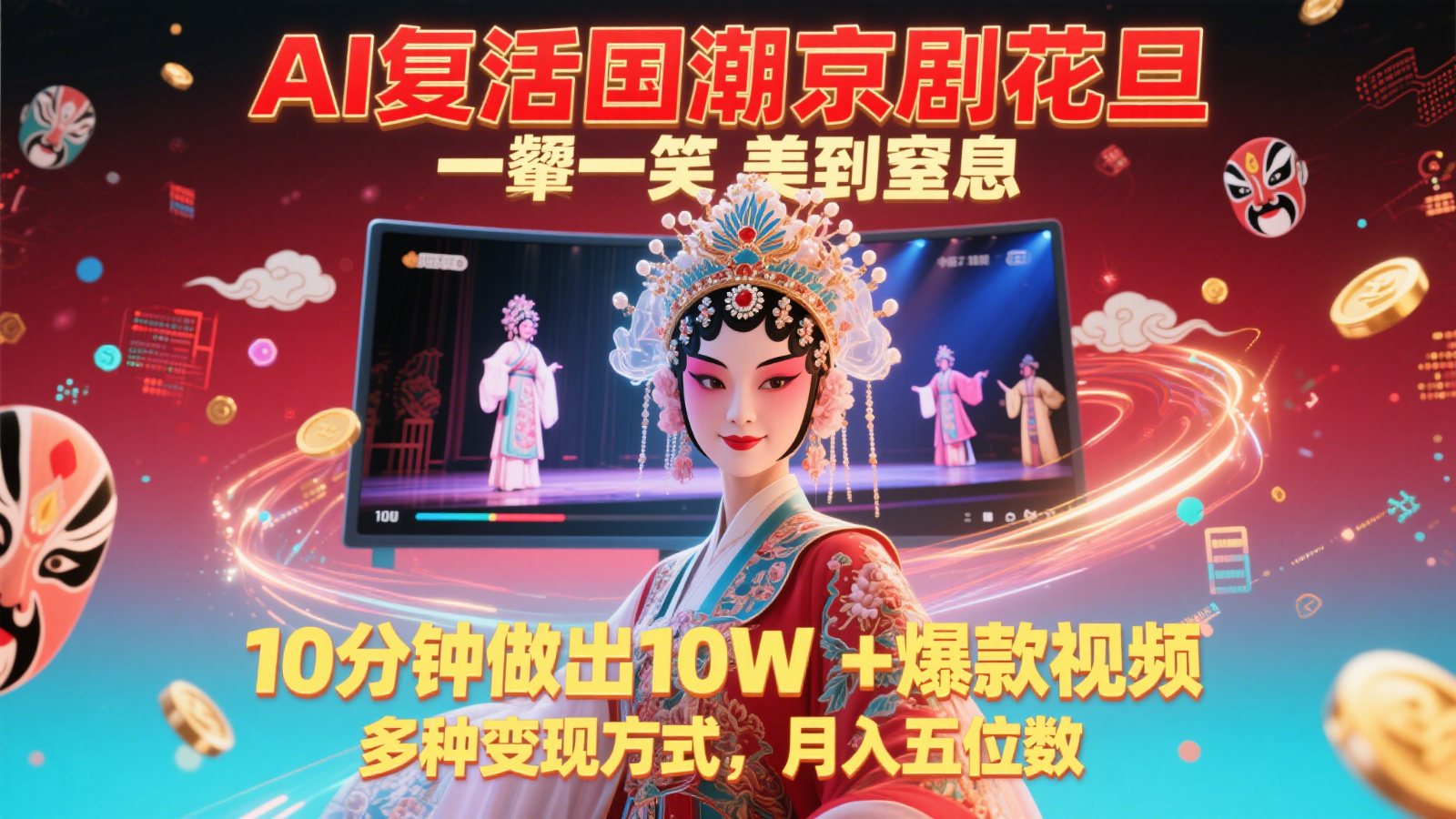AI复活国潮京剧花旦，一颦一笑美到窒息，10分钟做出10W+爆款视频，多种变现方式-云慧网创