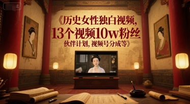 历史女性独白视频，13个视频10w粉丝，伙伴计划，视频号分成等-云慧网创