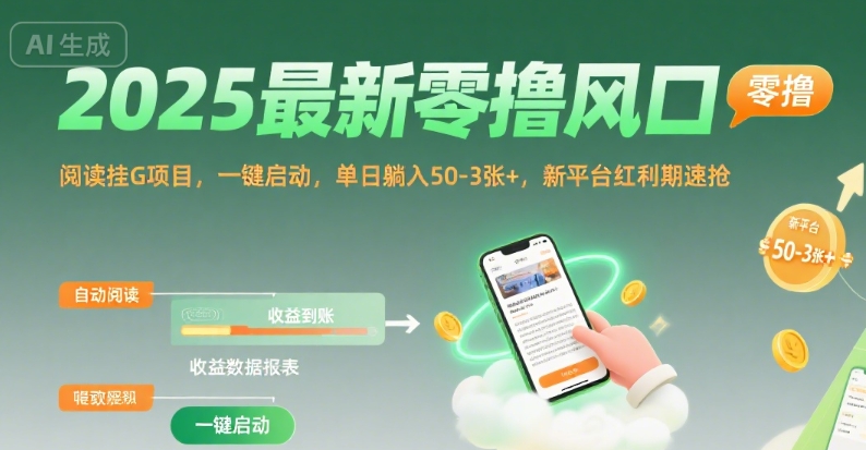 2025最新零撸风口，阅读挂G项目，一键启动，单日躺入 50-3张+，新平台红利期速抢【揭秘】-云慧网创