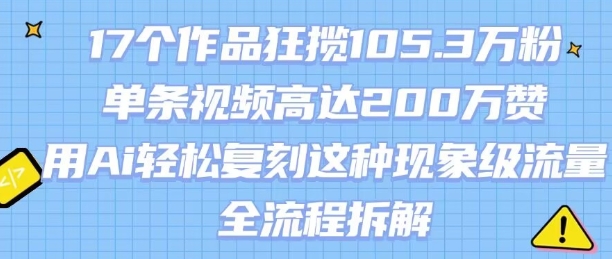 17个作品狂揽105.3W粉，单条视频高达200W赞，用Ai轻松复刻这种现象级流量!(全流程拆解)-云慧网创