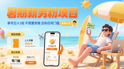暑期新男粉项目 单号日入5张 不需要剪辑  没有任何门槛-云慧网创