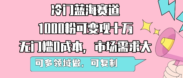 冷门蓝海赛道，1000粉可变现十W，无门槛0成本，市场需求大，可多领域做，可复制性强-云慧网创