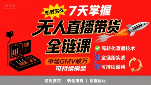 无人直播带货全链防封实战课，7天掌握高转化直播技术，实现单场GMV破万可持续模型-云慧网创