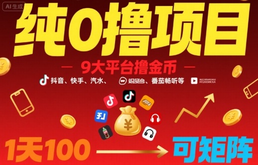 纯0撸项目，9大平台撸金币，抖音，快手，汽水，番茄畅听等，1天100，可矩阵-云慧网创