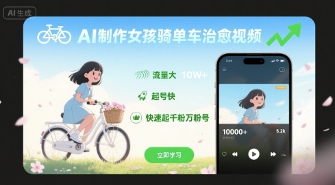 AI制作女孩骑单车治愈视频，流量大，起号快，快速起千粉万粉号-云慧网创