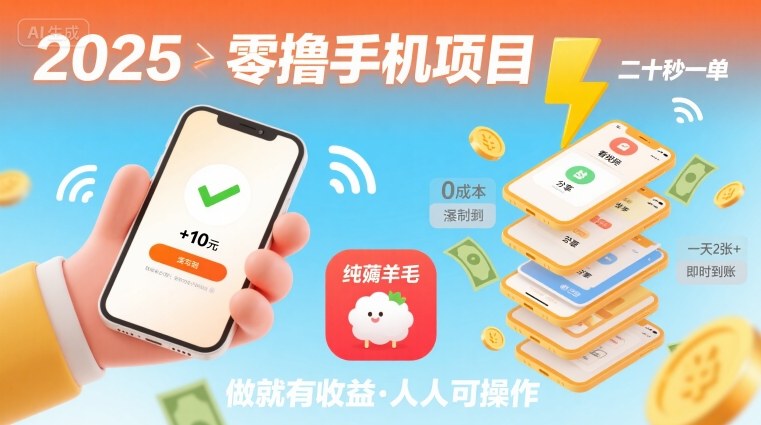 2025年零撸手机项目，二十秒一单，纯薅羊毛 一天2张+做就有-云慧网创