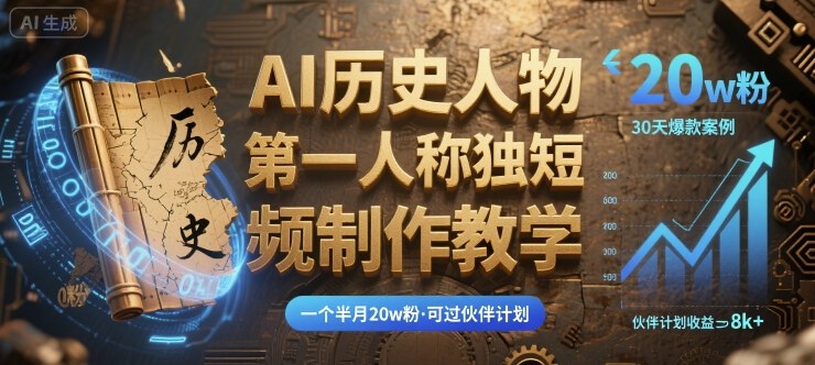 最新AI历史人物第一人称独白短视频制作教学，一个半月20w粉，可过伙伴计划-云慧网创