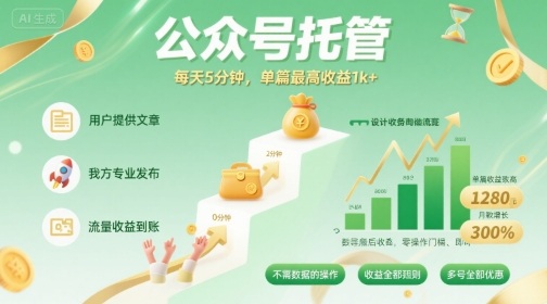 【公众号托管 】我提供文章，你发布，每天5分钟，单篇最高收益1k+【揭秘】-云慧网创