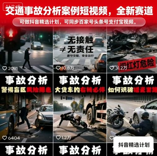 交通事故分析案例短视频，全新赛道，可做抖音精选计划，可同步百家号头条号支付宝视频号平台-云慧网创
