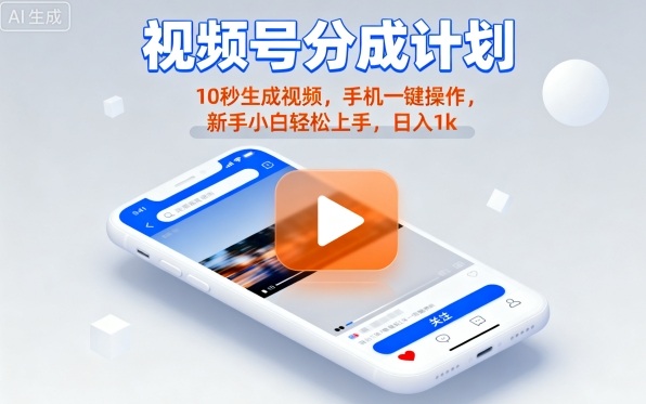 视频号分成计划懒人玩法，10秒生成视频，手机一键操作，新手小白轻松上手，日入1K【揭秘】-云慧网创