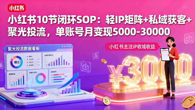 小红书10节闭环SOP：轻IP矩阵+私域获客+聚光投流，单账号月变现5000-30000-云慧网创
