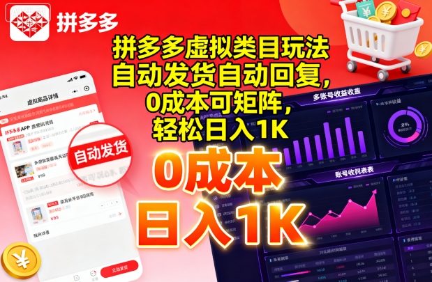 拼多多虚拟类目玩法，自动发货自动回复，0成本可矩阵，轻松日入1K【揭秘】-云慧网创