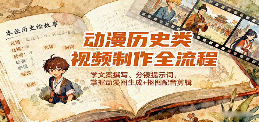 动漫历史类视频制作全流程，学文案撰写、分镜提示词，掌握动漫图生成+抠图配音剪辑-云慧网创