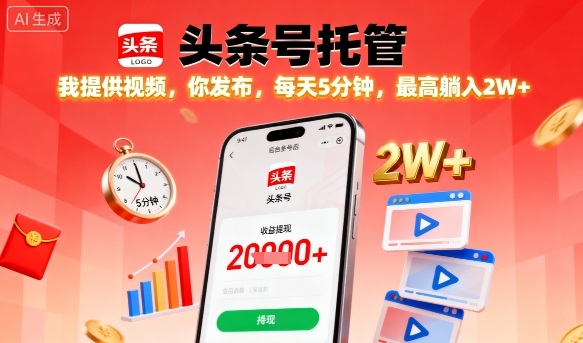 【头条号托管】我提供视频，你发布，每天5分钟，最高躺入2W+【揭秘】-云慧网创