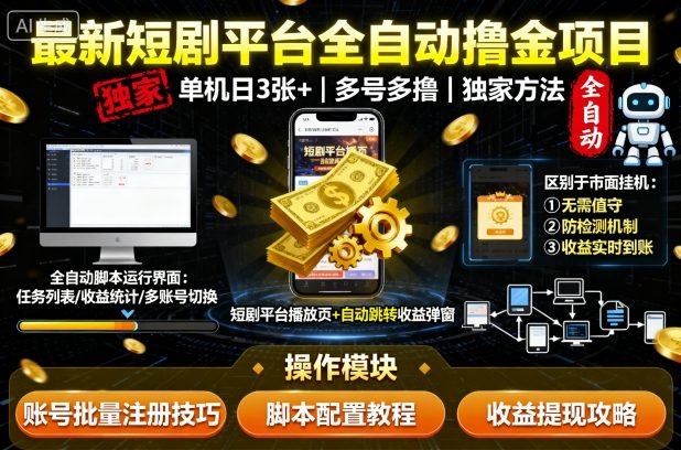 最新短剧平台全自动挂G撸金项目，单机一天3张+，多号多撸，区别于市面所有挂机项目，独家方法【揭秘】-云慧网创