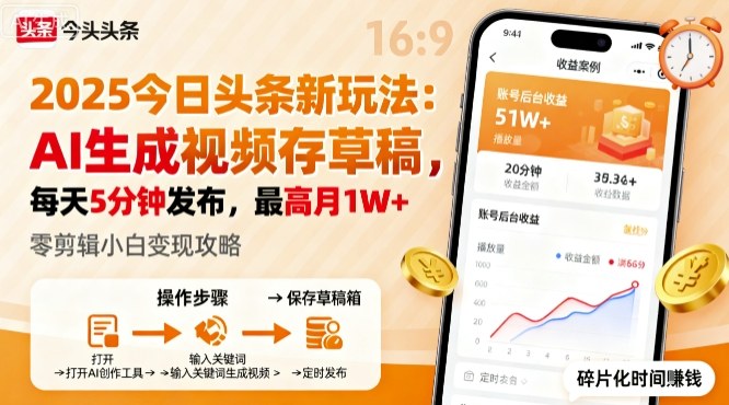 2025年今日头条躺賺新玩法，AI生成视频存草稿，每天5分钟发布，最高月1W+【揭秘】-云慧网创