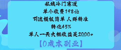 私域冷门赛道:单个收费198米引流模板简单人群精准转化45%单人一天大概收益是1k+-云慧网创