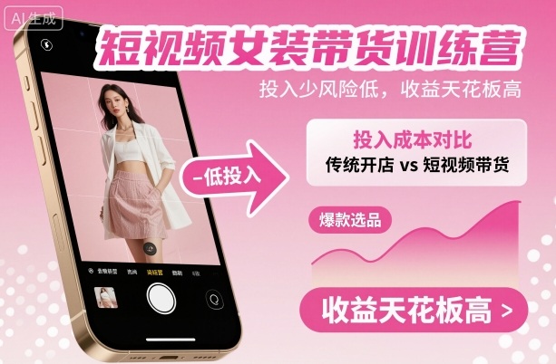 短视频女装带货训练营，投入少风险低，收益天花板高-云慧网创