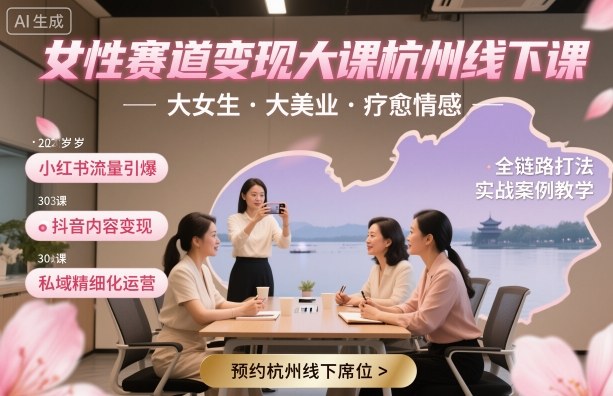 女性赛道变现大课杭州线下，大女生，大美业，疗愈情感，一套小红书、抖音、私域全链路打法-云慧网创
