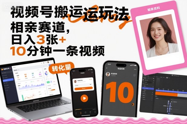视频号搬运玩法，相亲赛道，日入3张+，10分钟一条视频-云慧网创