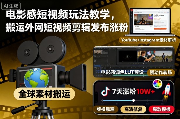 电影感短视频玩法教学，搬运外网短视频剪辑发布涨粉-云慧网创