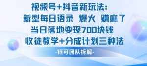 视频号加抖音新玩法:爆火新型每日语录,收徒教学加分成计划,三种变现玩法,当日变现7张-云慧网创